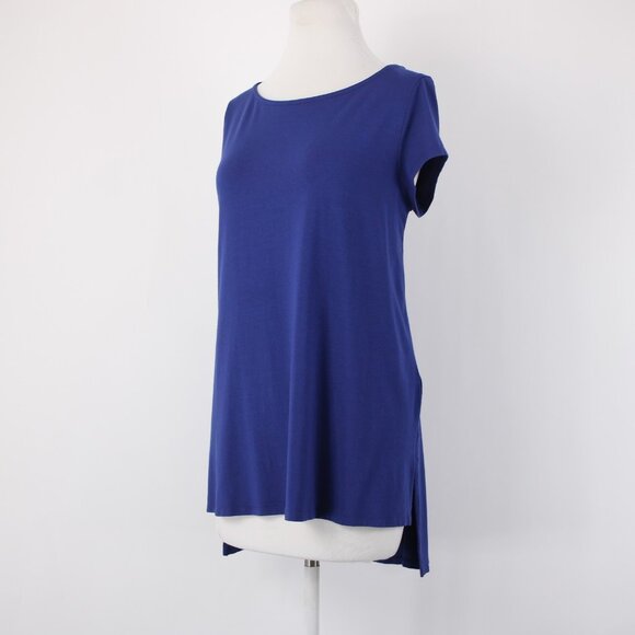 Eileen Fisher Top Sz M Navy Blue Hi Low Short Sleeve Basic Viscose Spandex Top - Picture 4 of 14